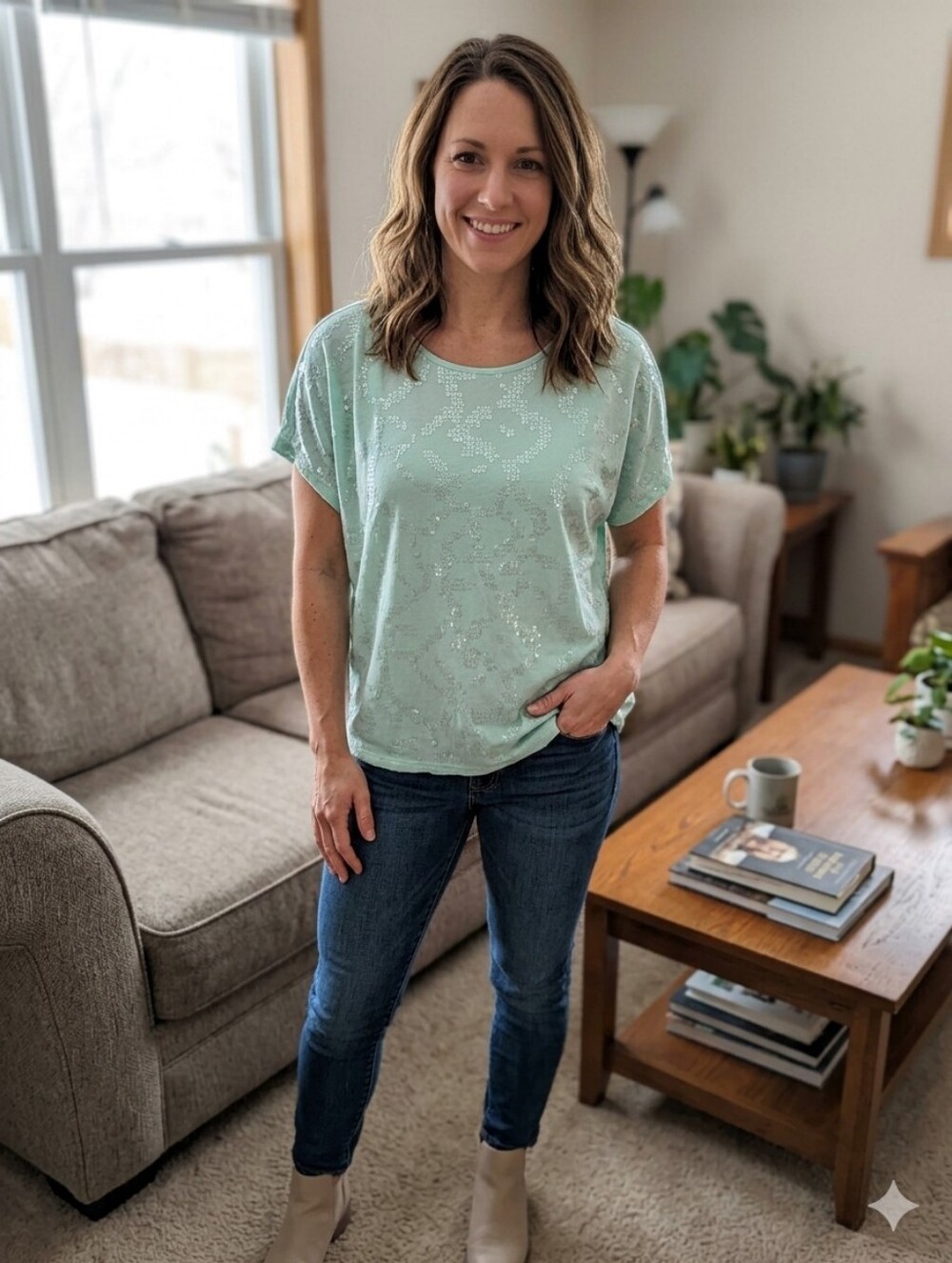 Rock 47 by Wrangler Women’s Sequin Front Top Mint Green Size Large